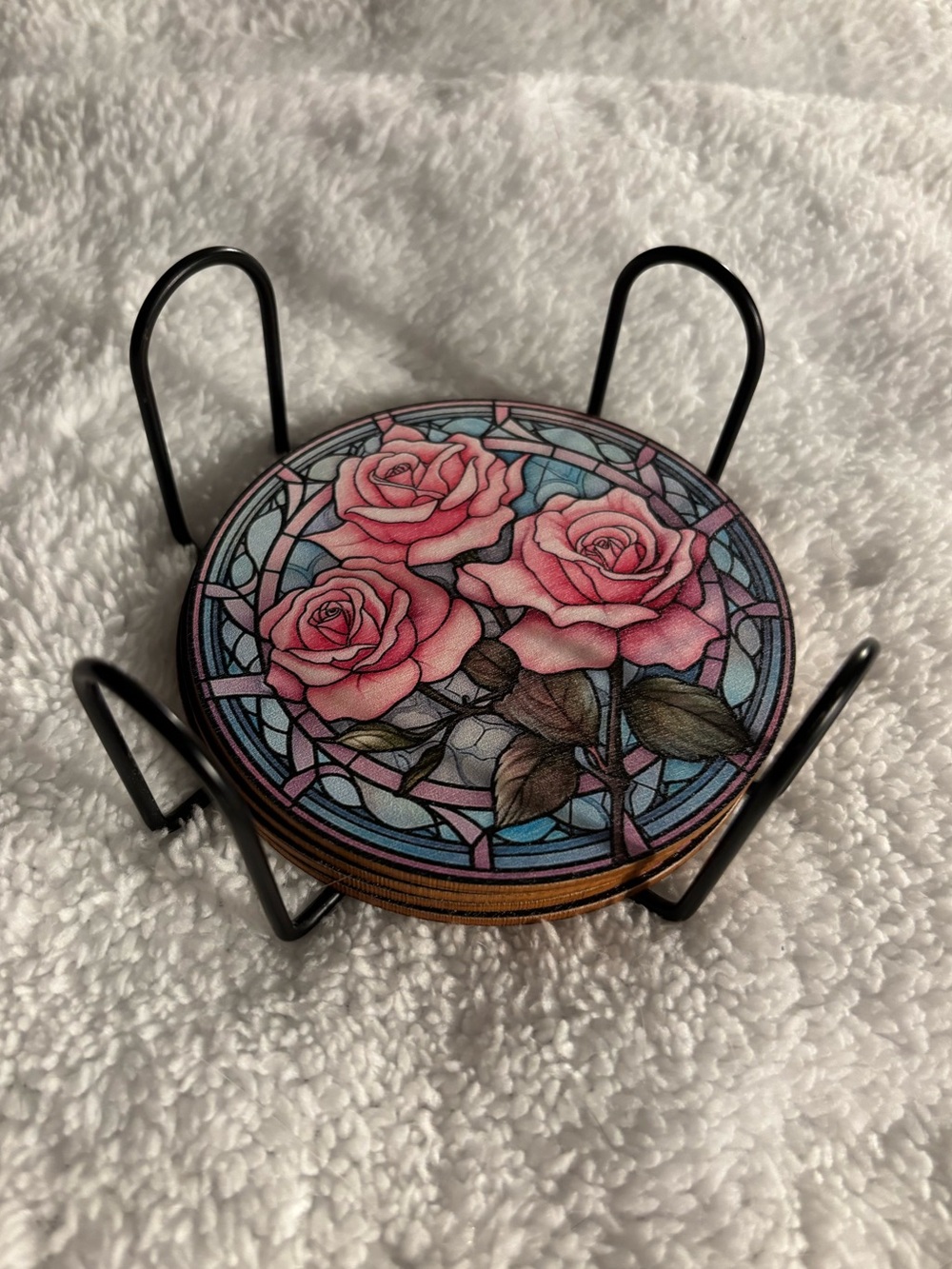 Decorative Pink Rose Stained-Glass Style Coaster Set